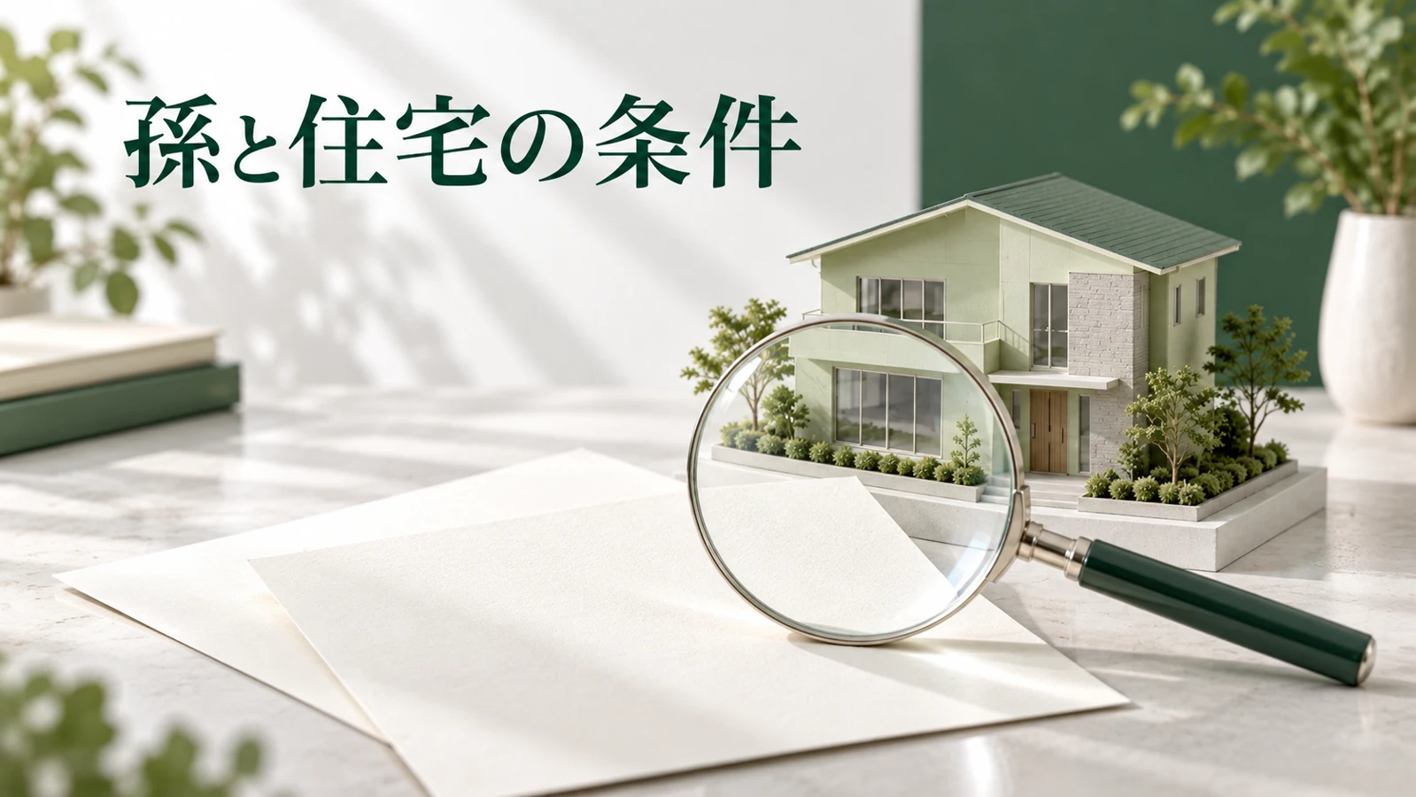孫の年齢と所得に加えて取得する家の条件を確認するを表す資料や建築模型