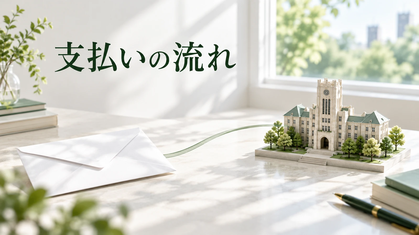 学費の請求に合わせて支払い先と金額を決めるを表す資料や建築模型