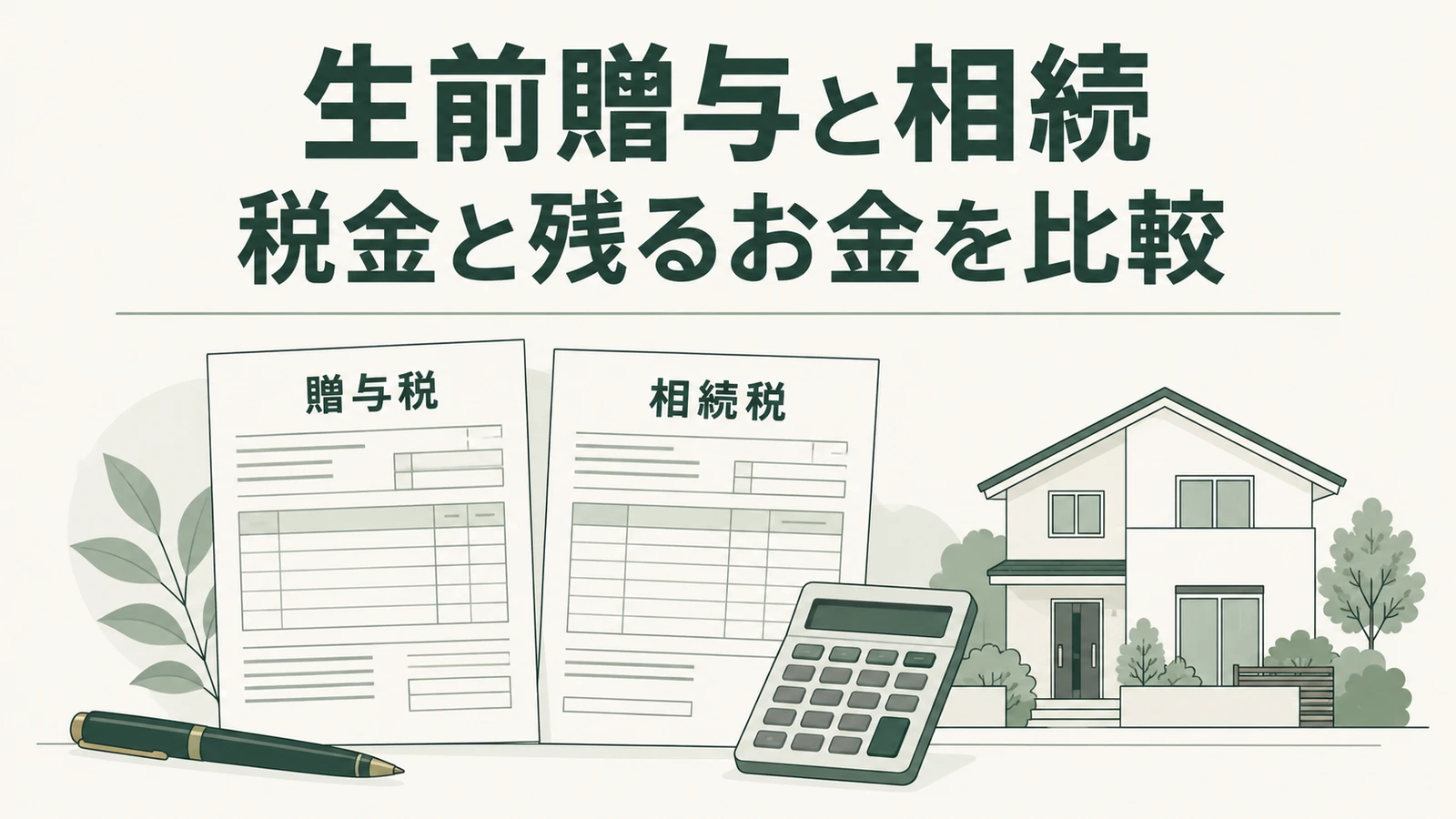 贈与税と相続税の資料、電卓、自宅を並べ、生前贈与と相続で税金と残るお金を比較する図