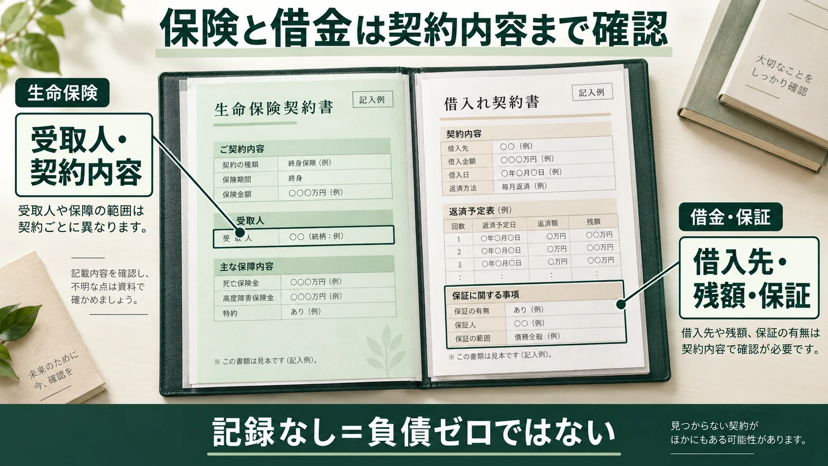 生命保険の受取人と借金や保証の残額を別々の面で確認する契約の図