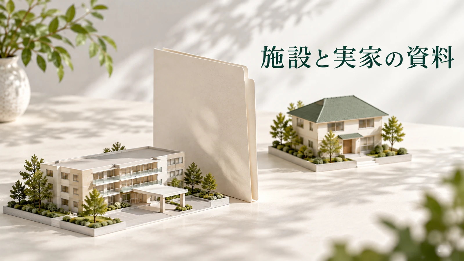 施設の契約書と介護認定の資料を申告前に保存するを表す資料や建築模型