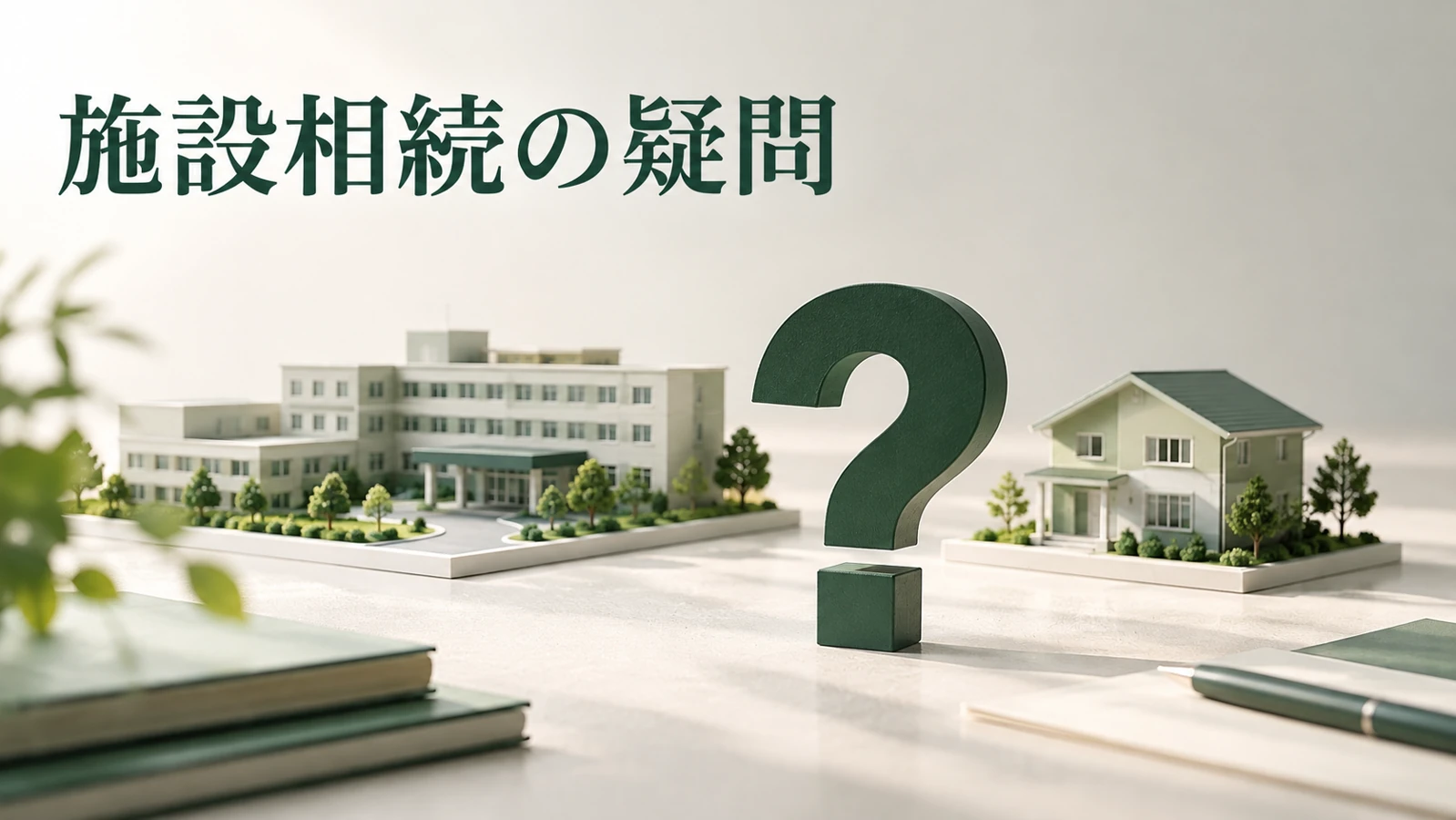 老人ホームと小規模宅地等の特例に関するよくある質問を表す資料や建築模型