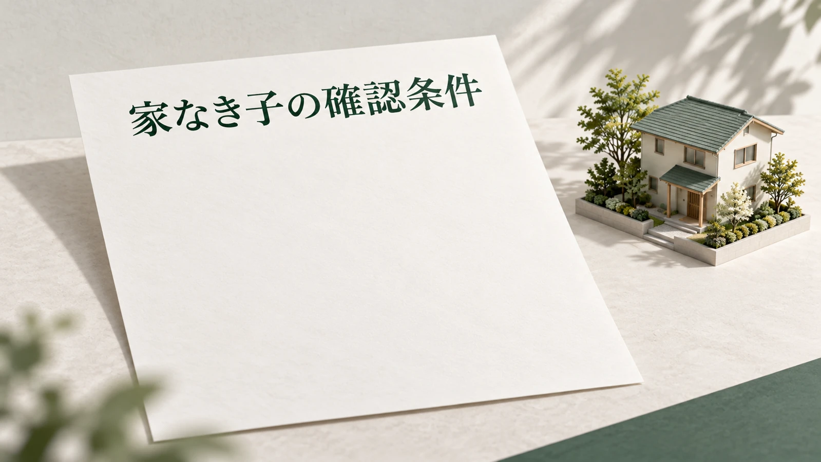 家なき子特例は親の家族構成と子の住まいで判定するを表す資料や建築模型