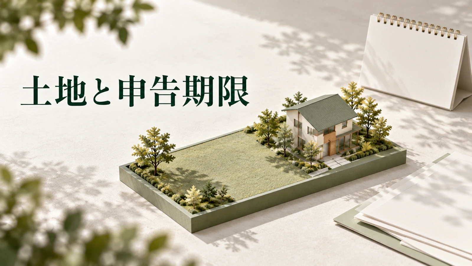 特例を使う前に土地の取得者と売却時期を決めるを表す資料や建築模型