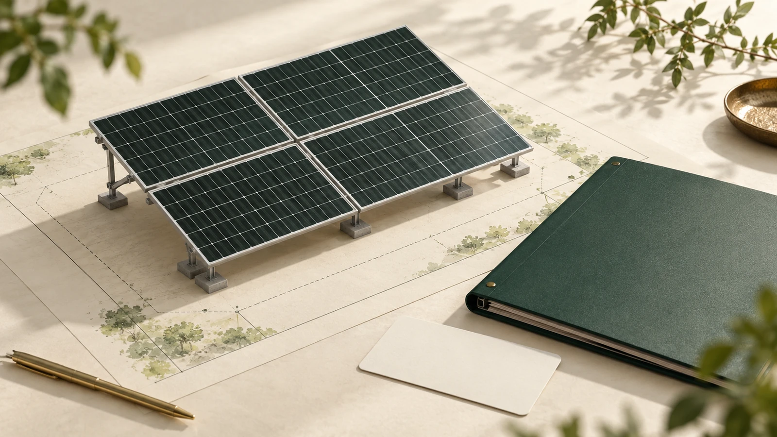 太陽光発電設備の模型と評価資料を整理するフォルダー