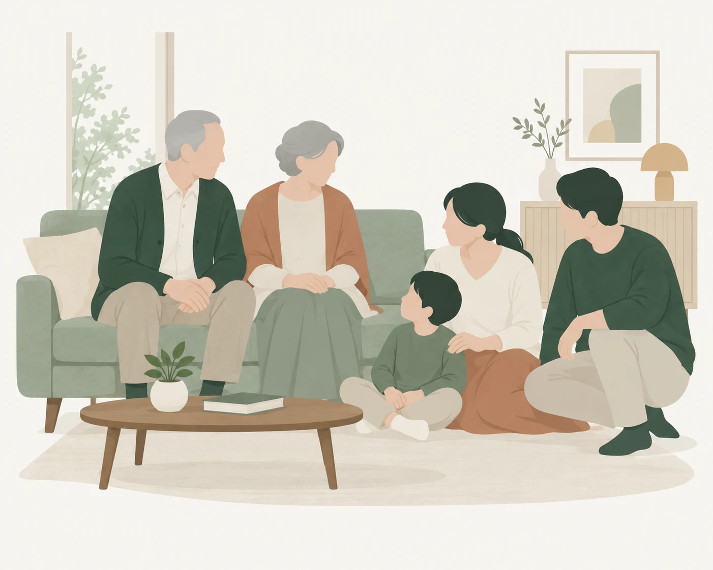 祖父母、父母、子どもの三世代が家でくつろぐイラスト
